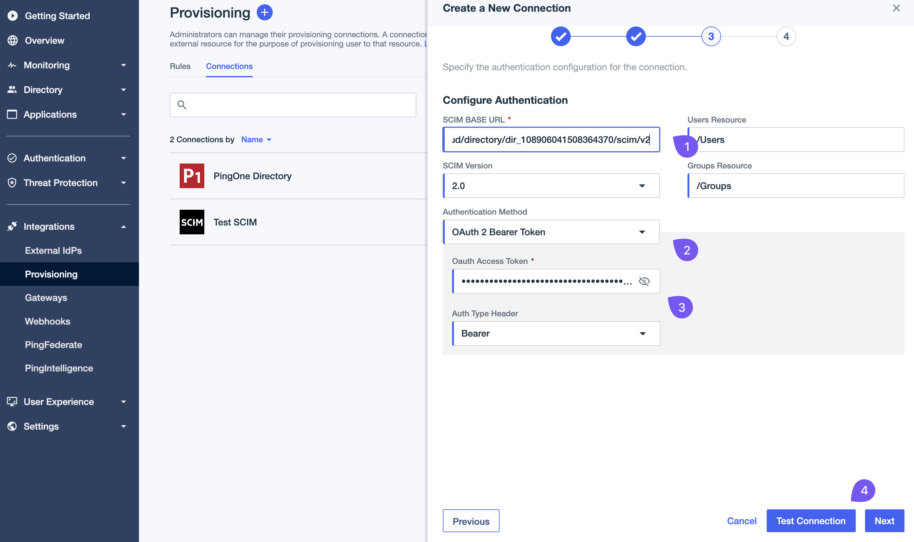 Connection configuration with SCIM endpoint and bearer token